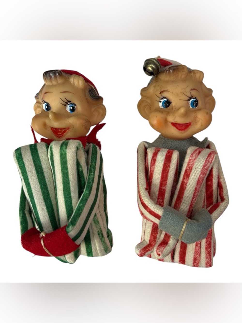 Vintage Christmas Felt Pixie Elf Knee Hugger Ornaments Red Green Striped Japan